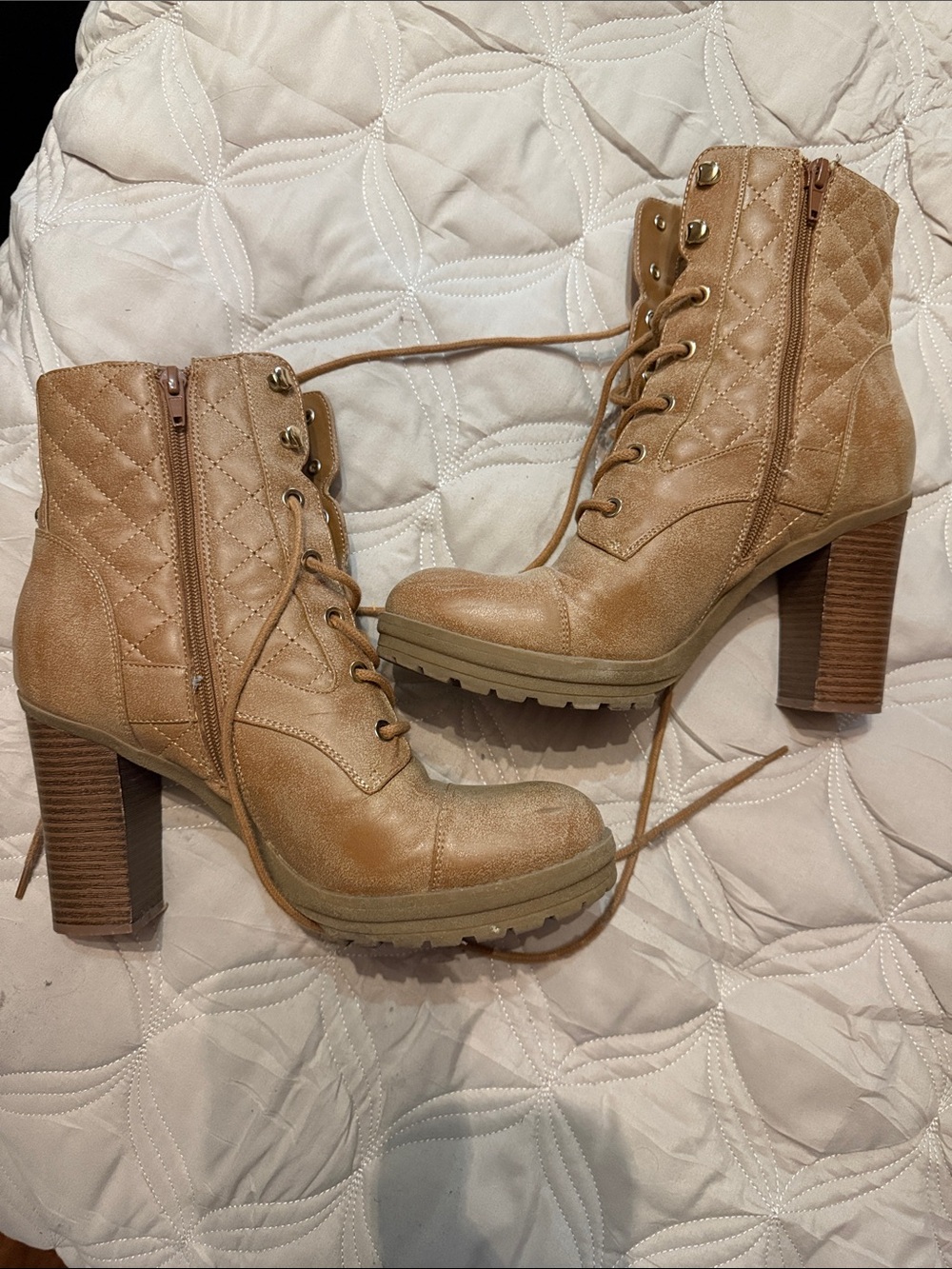 G by Guess Quilted Lace-Up Heeled Ankle Boots in Tan